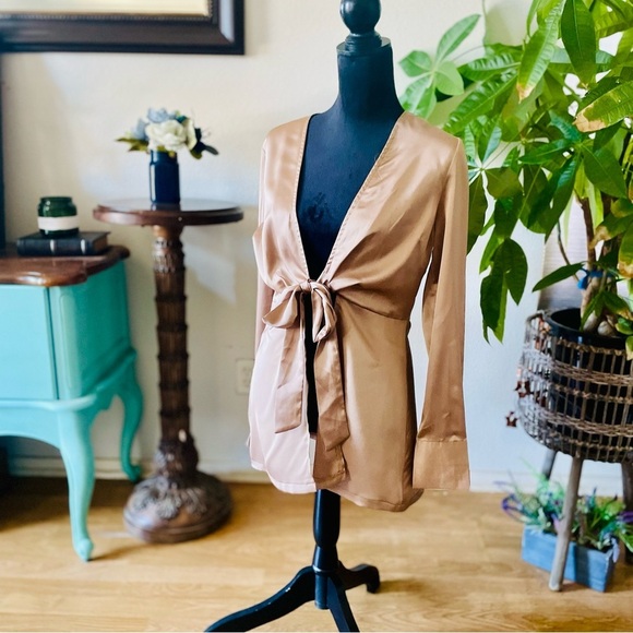 Boohoo Satin Effect Open Front Plunging Deep V Tie Front Blouse Size 8 - Picture 5 of 6